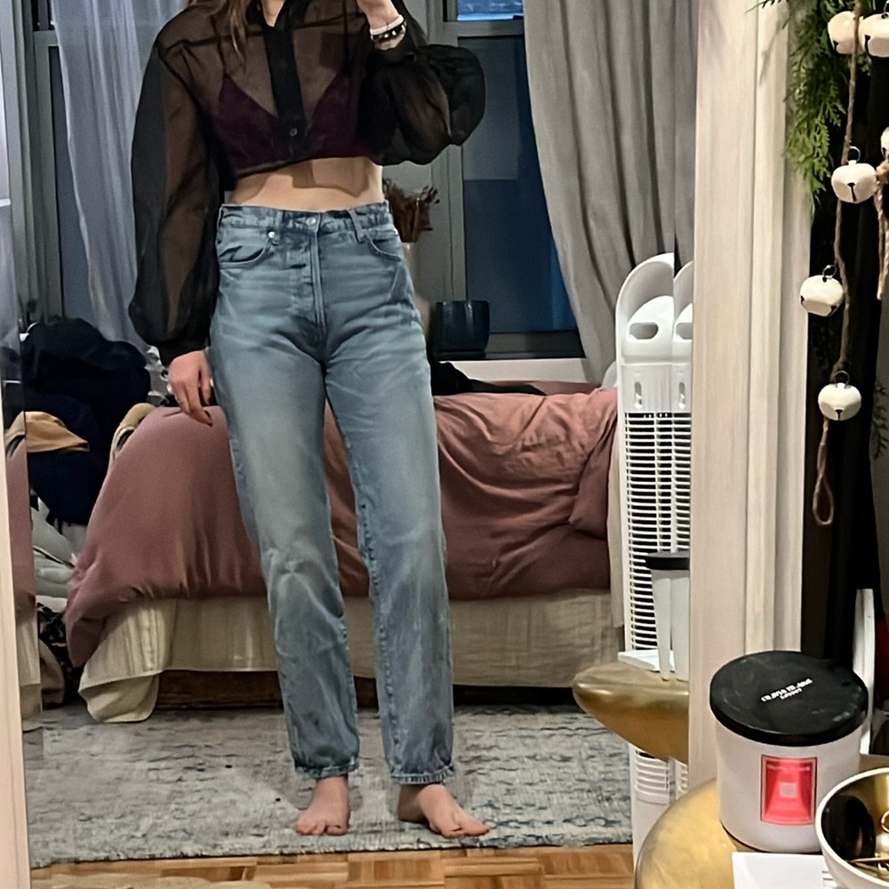 Anthropologie black sheer cropped button-down top